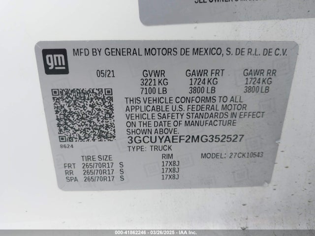 3GCUYAEF2MG352527 Chevrolet Silverado 1500 4wd  Short Bed Wt