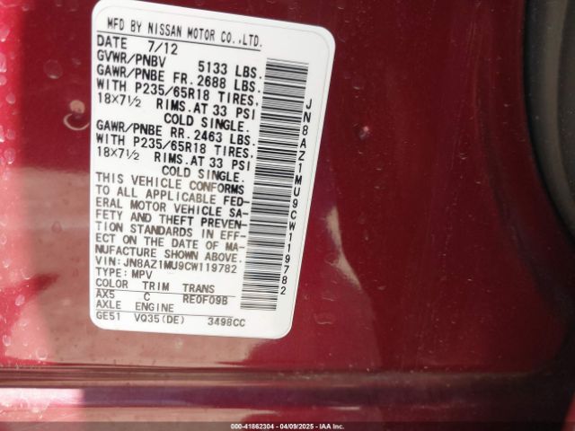 2012 NISSAN MURANO JN8AZ1MU9CW119782 Photo 8