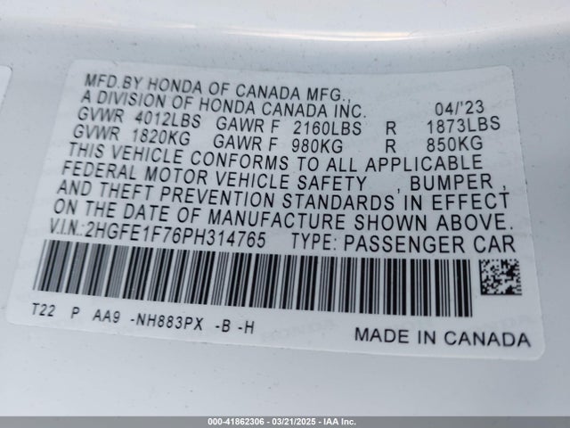 Honda Civic Ex /ex W/o Bsi 2023 2HGFE1F76PH314765 Image 9