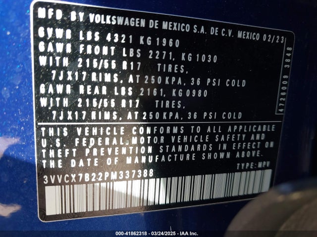 Продаж на аукціоні авто 2023 Volkswagen Taos 1.5t S, vin: 3VVCX7B22PM337388, номер лоту: 41862318