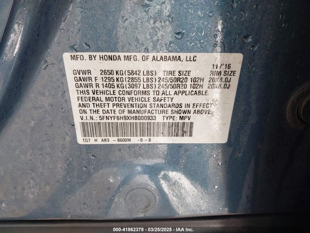 5FNYF6H9XHB000933 Honda j35y6