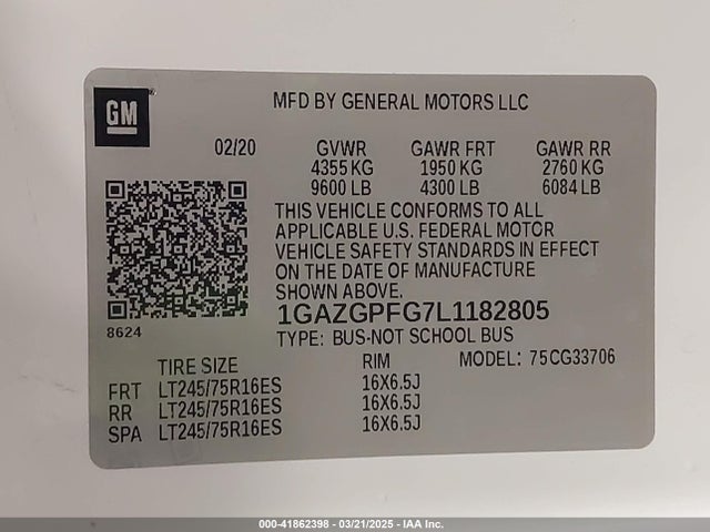 1GAZGPFG7L1182805 Chevrolet Express Passenger Rwd 3500 Extended Wheelbase Lt