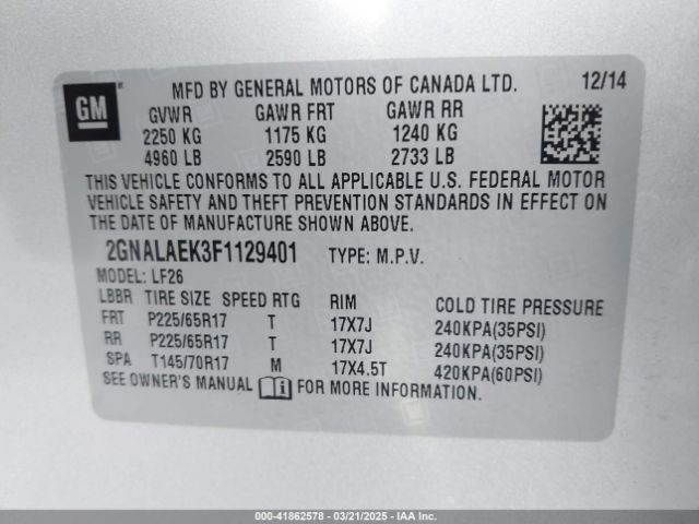 2GNALAEK3F1129401 Chevrolet lea - flex fuel (gas/alc), aluminum, ho,
