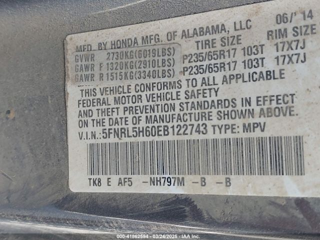 2014 HONDA ODYSSEY 5FNRL5H60EB122743 Photo 8