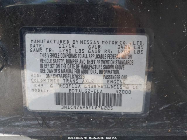 3N1CN7AP5FL876225 Nissan Versa 1.6 Sl
