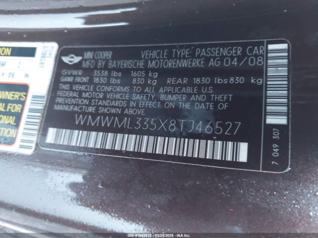 2008 MINI COOPER CLUBMAN WMWML335X8TJ46527 Photo 8
