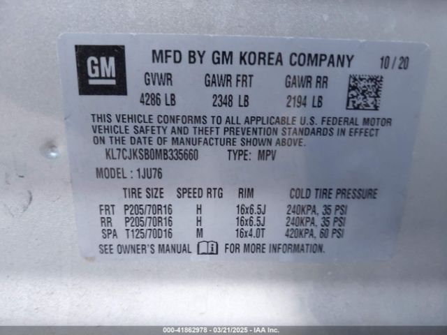 KL7CJKSB0MB335660 Chevrolet Trax Fwd Ls