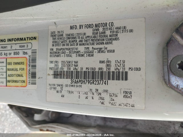 2016 Ford Fusion Se მანქანა იყიდება აუქციონზე, vin: 3FA6P0H79GR237741, აუქციონის ნომერი: 41862993