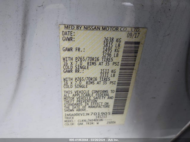 1N6AD0EV1JN701905 Nissan Frontier Sv