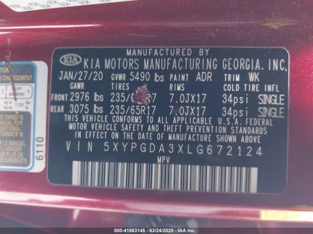 5XYPGDA3XLG672124 KIA Sorento 2.4l Lx
