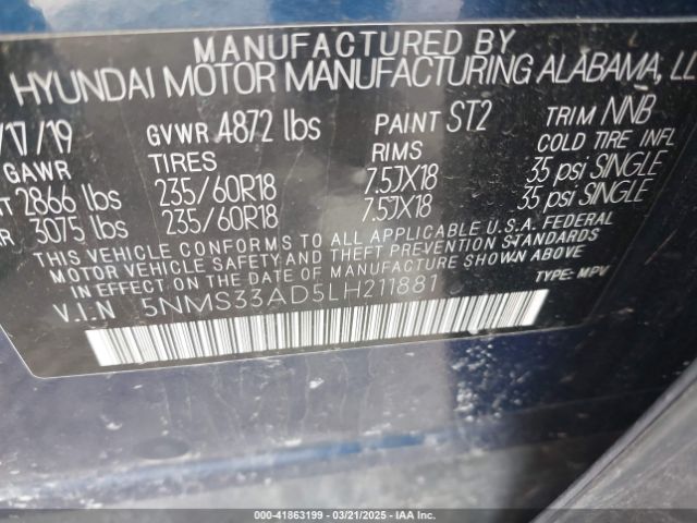 5NMS33AD5LH211881 Hyundai Santa Fe Sel