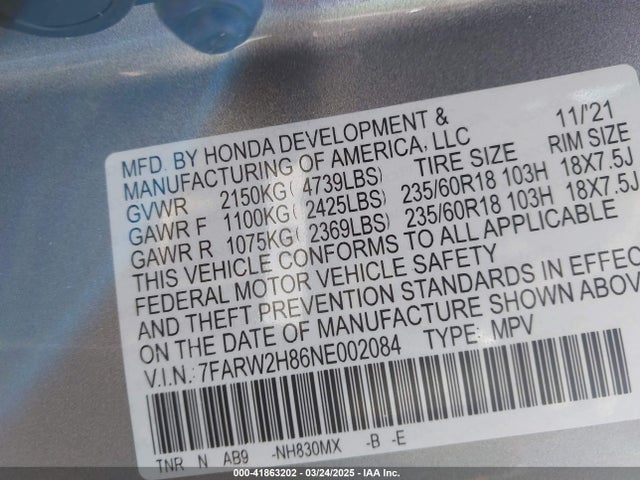 7FARW2H86NE002084 Honda Cr-v Awd Ex-l