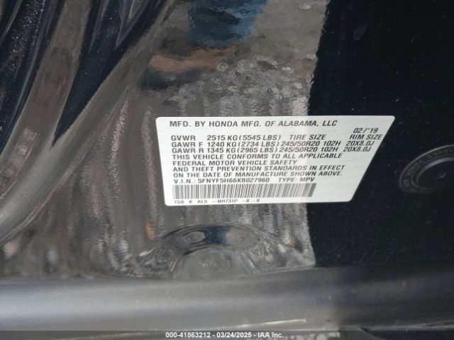 5FNYF5H66KB027960 Honda Pilot Touring
