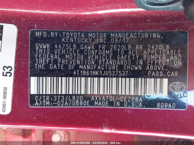 4T1B61HK1JU527537 Toyota CAMRY XSE