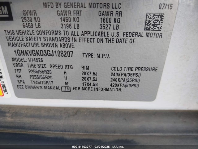 1GNKVGKD3GJ108207 Chevrolet Traverse 1lt
