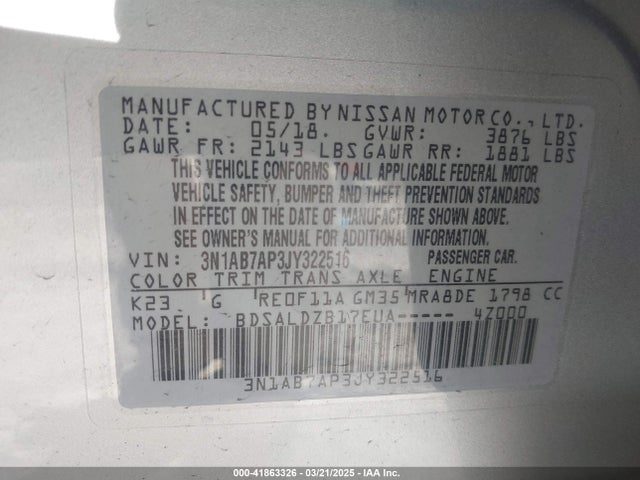 3N1AB7AP3JY322516 Nissan SENTRA SV