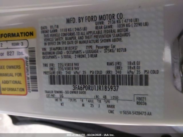 3FA6P0RU1JR185937 Ford Fusion Hybrid Titanium