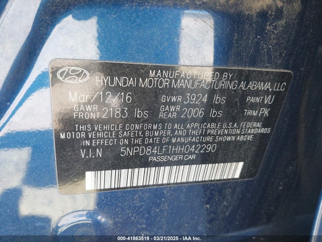 5NPD84LF1HH042290 Hyundai ELANTRA SE