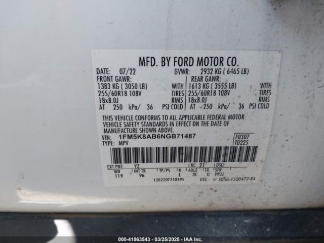 1FM5K8AB6NGB71487 Ford ti-vct
