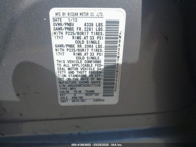 41863602 :رقم المزاد ، JN8AS5MT9CW277235 vin ، 2012 Nissan Rogue Sv مزاد بيع