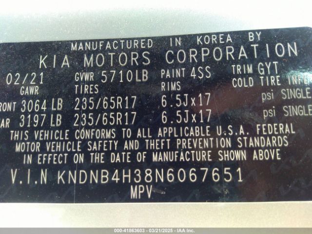 KNDNB4H38N6067651 KIA Carnival Mpv Lx