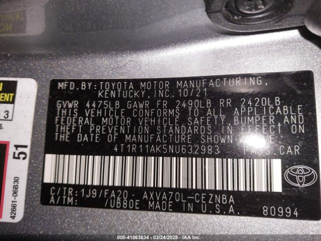 4T1R11AK5NU632983 Toyota CAMRY LE