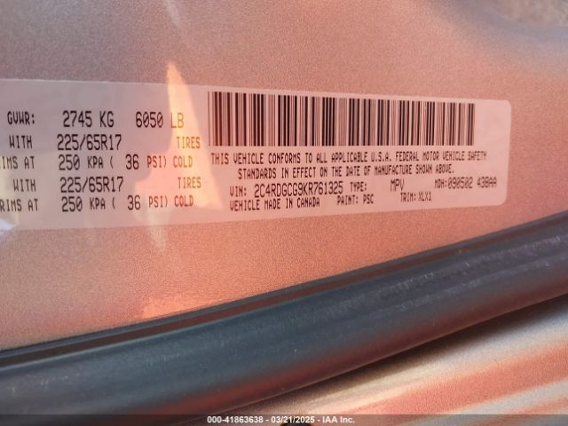 2C4RDGCG9KR761325 Dodge Grand Caravan Sxt