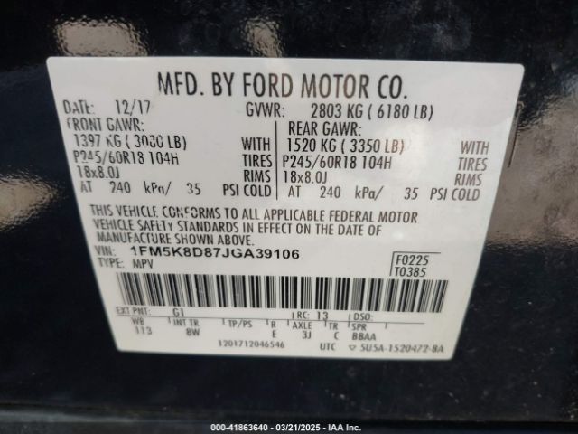 1FM5K8D87JGA39106 Ford EXPLORER XLT
