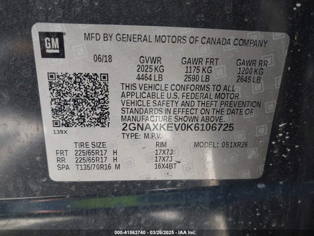 2GNAXKEV0K6106725 Chevrolet EQUINOX LT