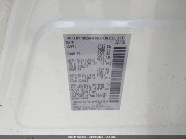 5N1DR2MN7HC648384 Nissan Pathfinder Platinum