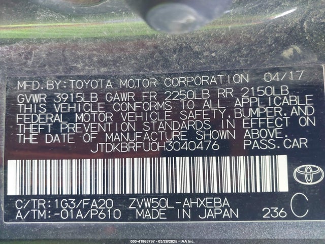 JTDKBRFU0H3040476 Toyota Prius Two