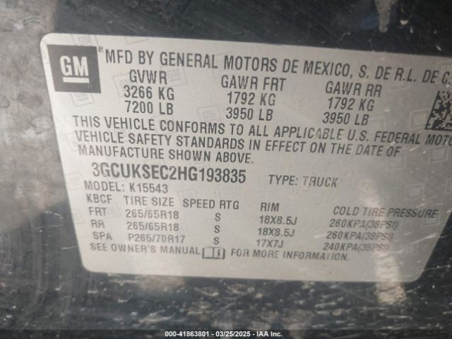 3GCUKSEC2HG193835 Chevrolet Silverado 1500 2lz