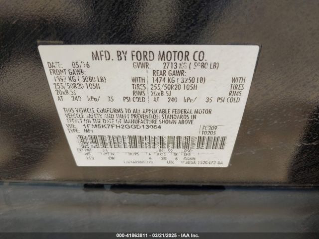 1FM5K7FH2GGD13084 Ford Explorer Limited