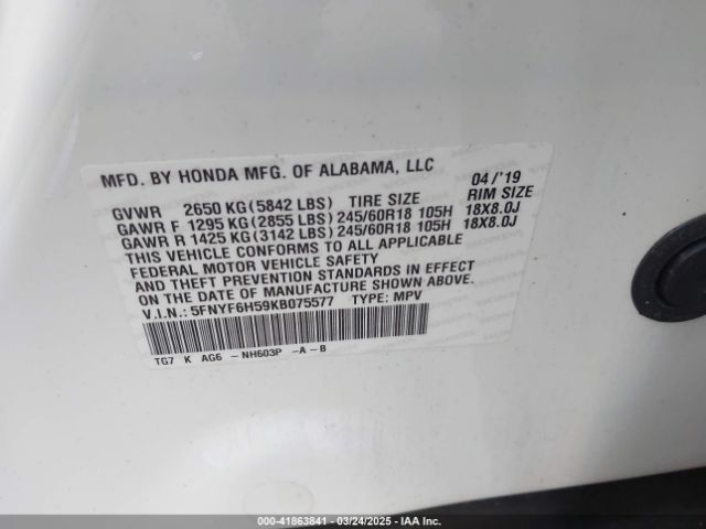 5FNYF6H59KB075577 Honda Pilot Ex-l