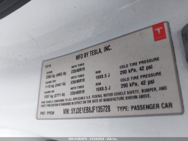 5YJ3E1EB8JF135728 Tesla Model 3 Long Range/performance