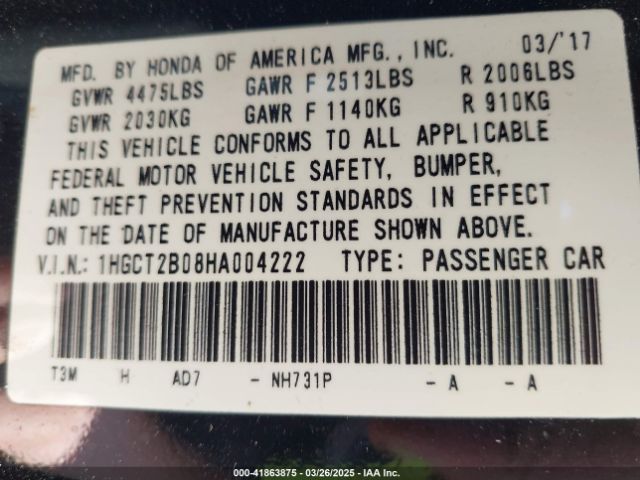 1HGCT2B08HA004222 Honda Accord Touring V6
