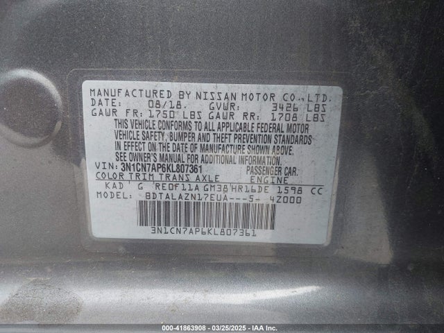 3N1CN7AP6KL807361 Nissan Versa 1.6 S+