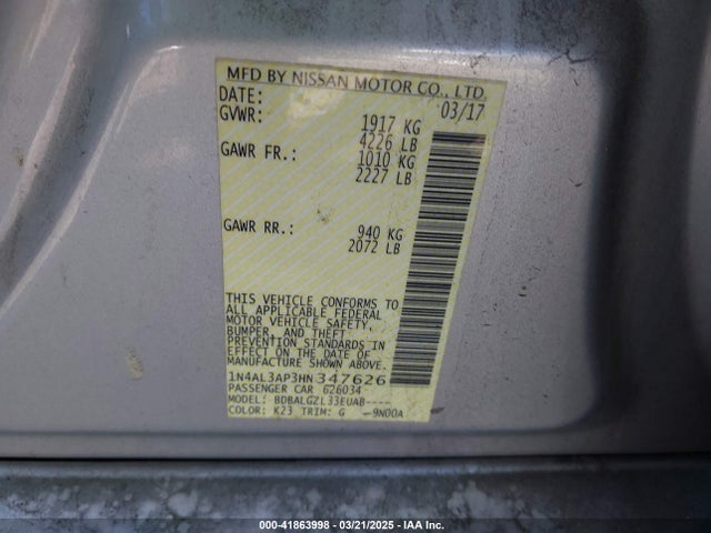 1N4AL3AP3HN347626 Nissan Altima 2.5 S