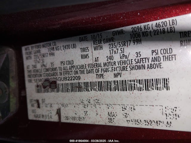 1FMCU0G75GUB22209 Ford ESCAPE SE
