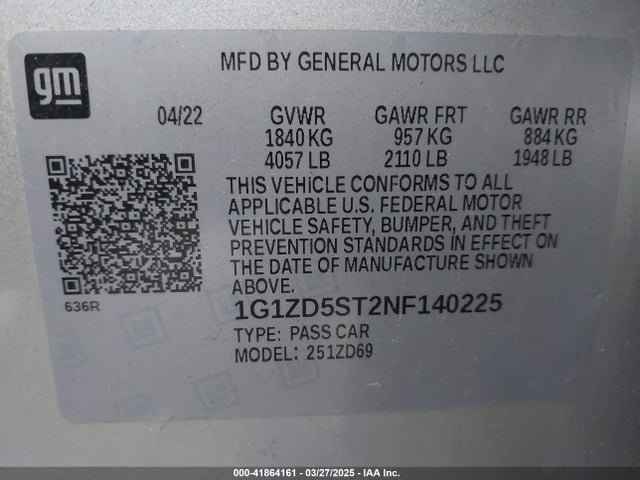 1G1ZD5ST2NF140225 Chevrolet Malibu Fwd Lt