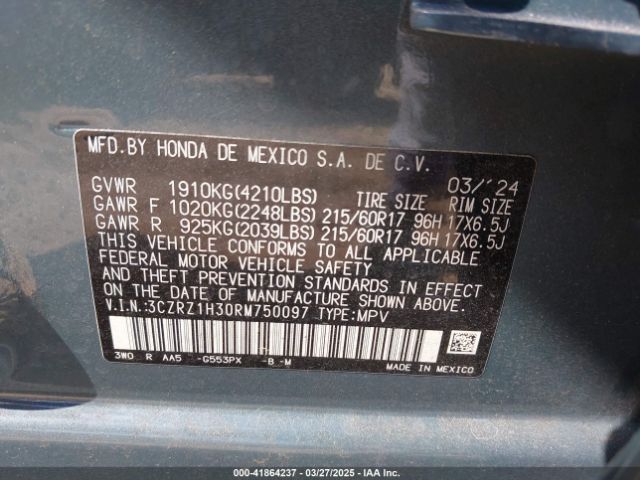 3CZRZ1H30RM750097 Honda Hr-v 2wd Lx