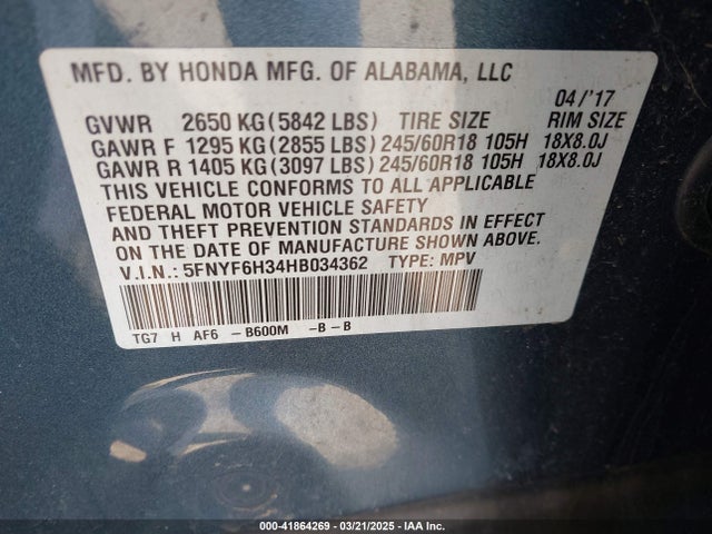 Honda j35y6 2017 5FNYF6H34HB034362 Image 9