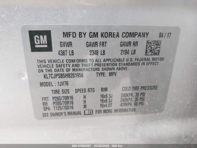 KL7CJPSB5HB201956 Chevrolet Trax Lt