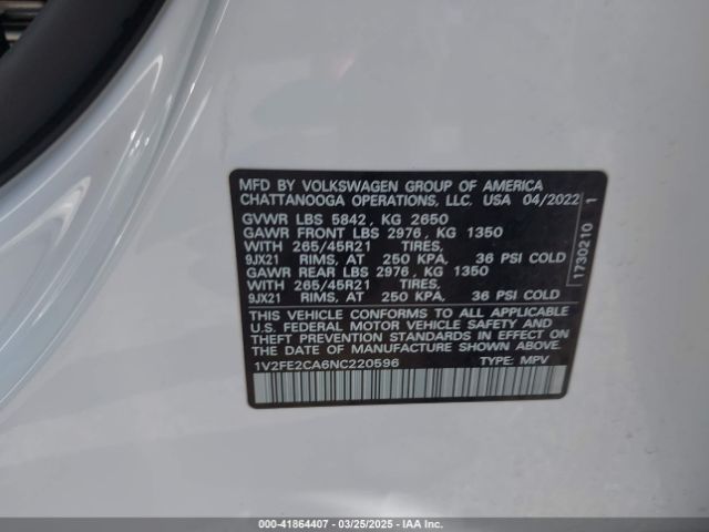 1V2FE2CA6NC220596 Volkswagen Atlas Cross Sport 3.6l V6 Sel Premium R-line