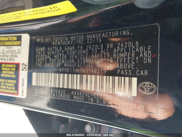 4T1B11HK7KU748219 Toyota CAMRY SE