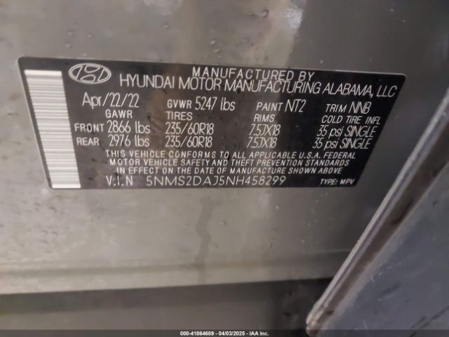 5NMS2DAJ5NH458299 Hyundai Santa Fe Sel