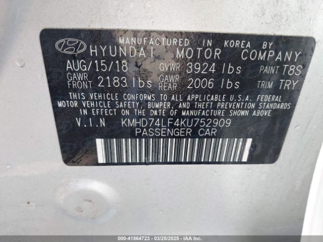 KMHD74LF4KU752909 Hyundai ELANTRA SE