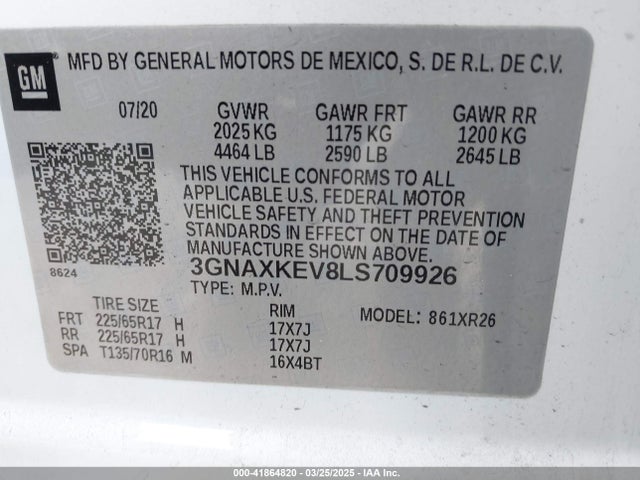 3GNAXKEV8LS709926 Chevrolet Equinox Fwd Lt 1.5l Turbo