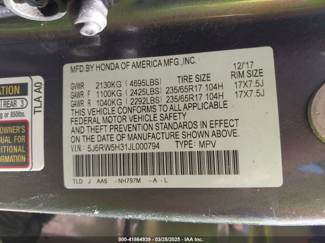 5J6RW5H31JL000794 Honda CR-V LX