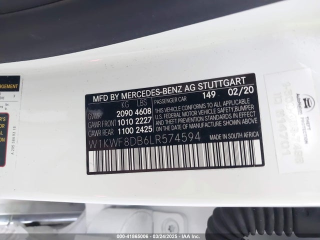 Продаж на аукціоні авто 2020 Mercedes-benz C 300, vin: W1KWF8DB6LR574594, номер лоту: 41865006